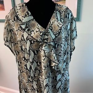 COPY - Soft green and black dress with black slip and belt snake pattern ruffles